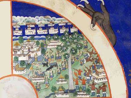 A section of the wheel diagram shows the realm of the gods.  It looks like a happy and peaceful realm.  At the bottom, some of the gods are holding off angry figures, the Titans, who are aiming their bows and arrows at the gods